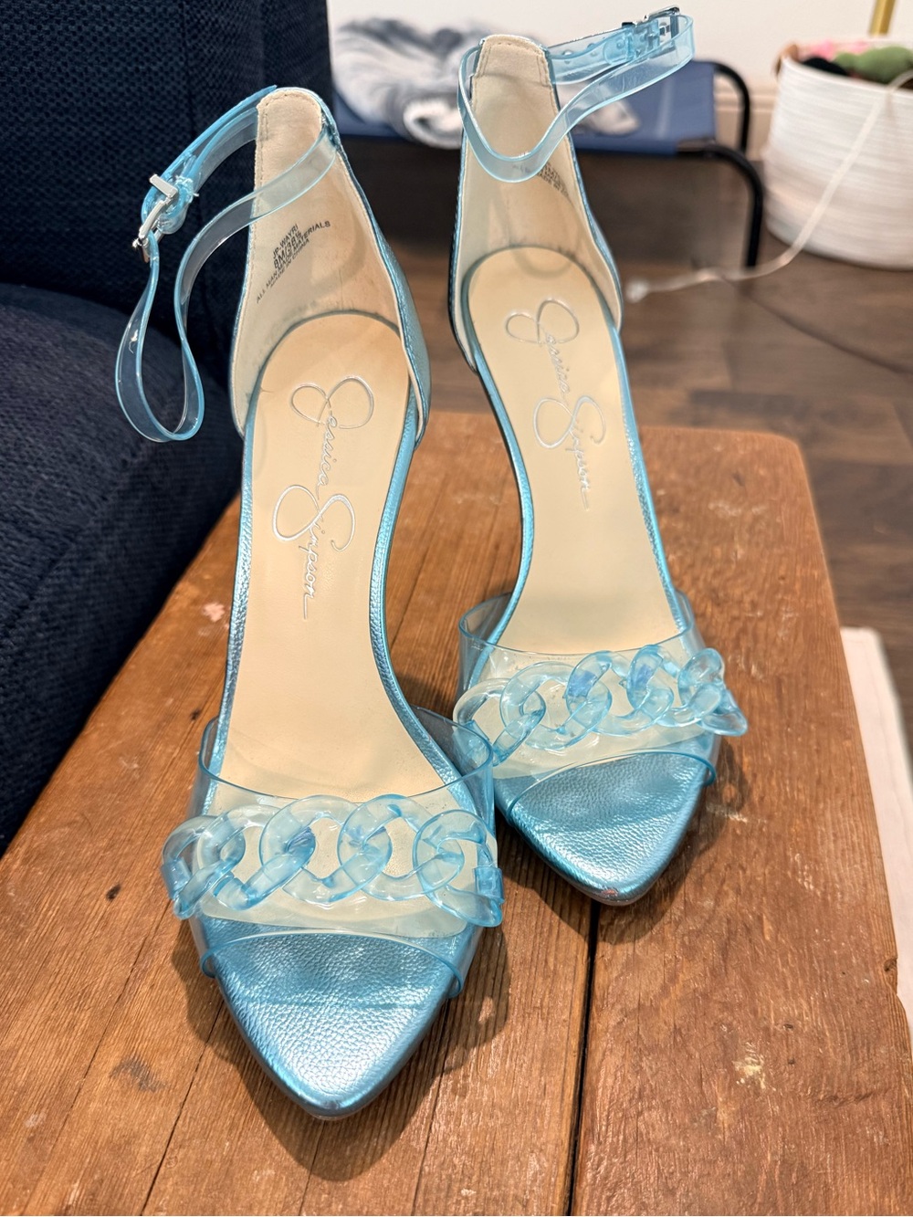 Jessica Simpson Blue Metallic Chain-Accent Ankle Strap Heels Size 8 Womens